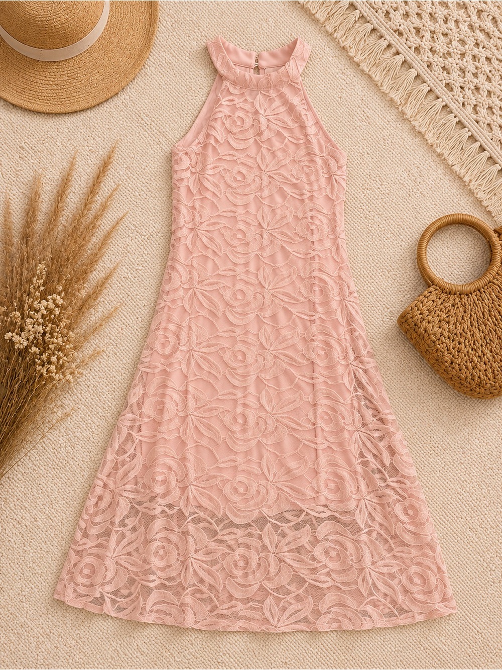 Women's Peach-Pink Lace Dress
